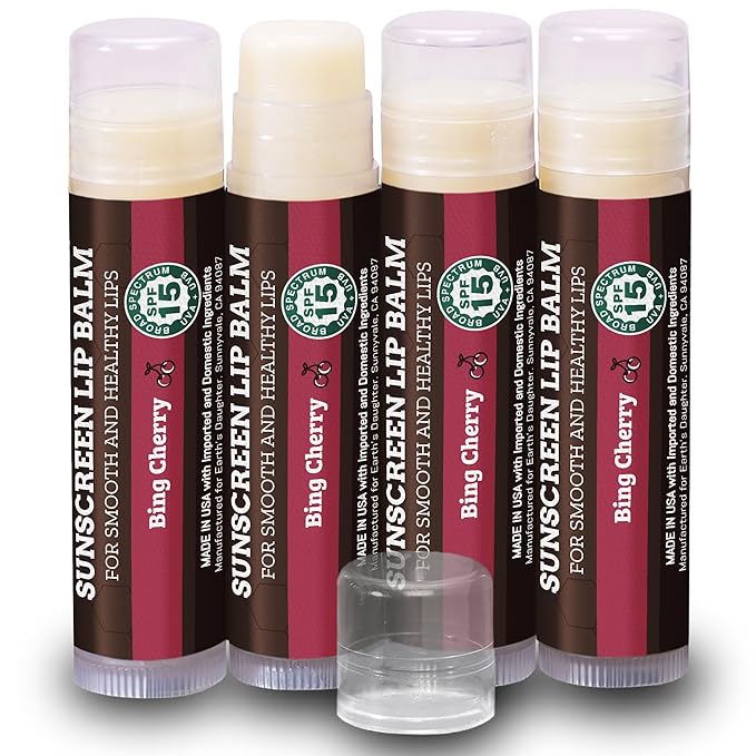 Earth's Daughter SPF Lip Balm Cherry Flavor 4-Pack - Lip Sunscreen, SPF 15, Organic Ingredients, Beeswax, Coconut Oil, Vitamin E - Hypoallergenic, Paraben Free, Gluten Free