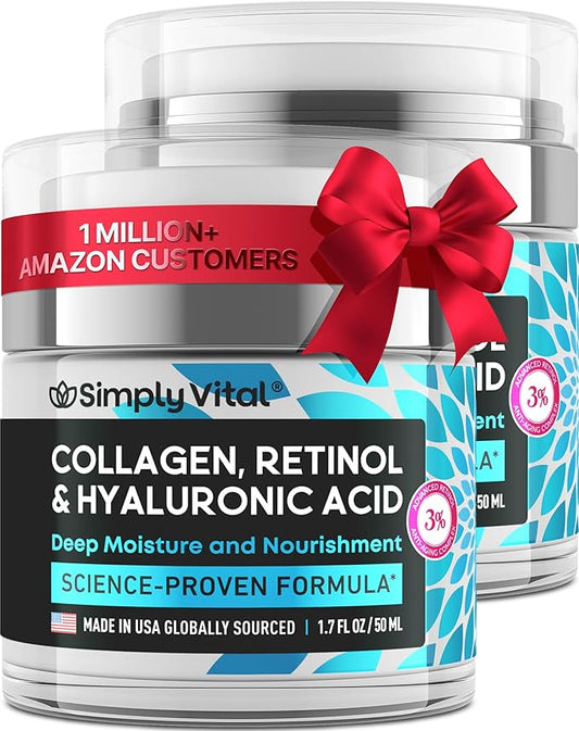 SimplyVital Anti-Aging Collagen Retinol Cream for Face, Neck & Décolleté with Hyaluronic Acid - Made in USA, Daily Collagen, Retinol & Hyaluronic Acid Cream, 2-Pack