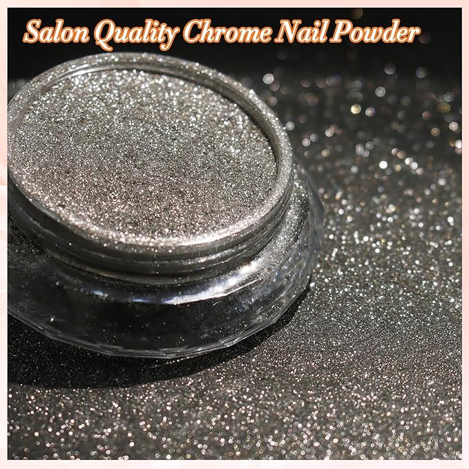 FNNZ Chrome Nail Powder, Champagne Silver Metallic Nail Powder Pigment Premium Mirror Effect Salon Nail Art Glitter Dust for Gel Polish Decoration Home DIY Nail Manicure Supplies