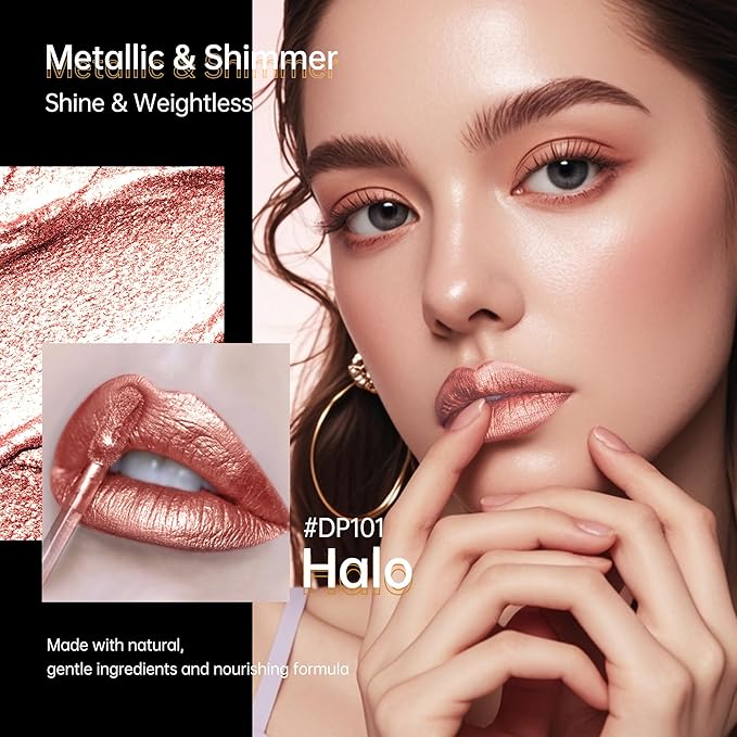 Depuplum Nude Lipsticks for Women Metallic Lipstick Long Lasting Non Stick Cup Lip Gloss, Metal Shine Lightweight Hydrating Full Coverage Lip Color, DP101 Halo