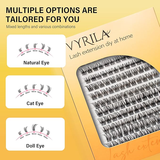 VYRILA Lash Clusters 8-16mm, False Eyelashes 132pcs, Cluster Eyelash Extensions Matte Black Soft, Diy Lash Extensions D Curl Natural Lash Clusters Faux Mink Lashes Wispy（Pure,132pcs,0.07,D,8-16MIX)