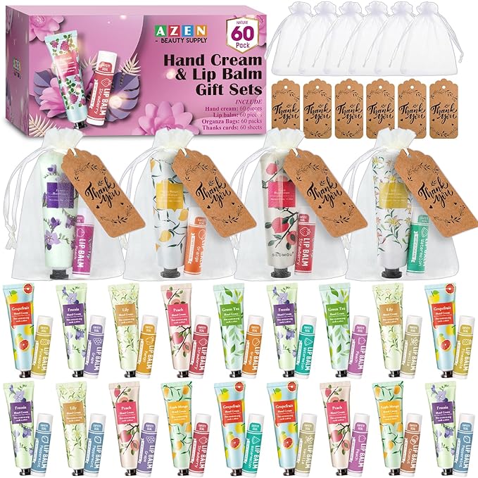 AZEN 60 Sets Bulk Gifts, Hand Cream and Lip Balm Bulk Set with Organza Bag Thank You Card, Baby Shower Wedding Gifts for Guests, Bridal Wedding Favors for Guests,Thank You Gifts for Women