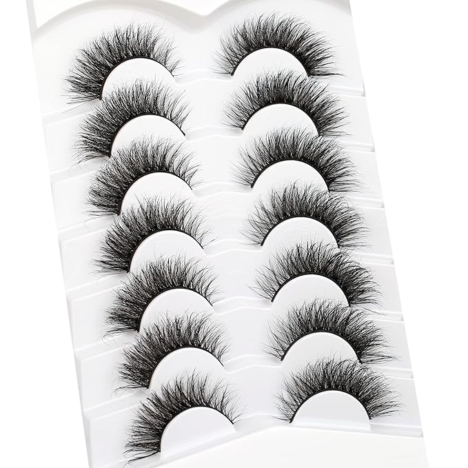 Pooplunch Cat Eye Lashes Wispy Volume False Eyelashes Natural 8D Short Soft Fake Eyelash Faux Mink Lash Strips 7 Pairs Pack
