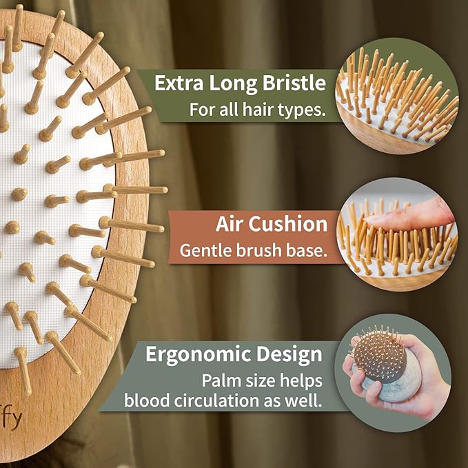 Uffy Acubrusher – 24K Gold-Plated Gua Sha Hair Brush - Ergonomic Scalp Massager for Dandruff & Hair Growth, Suitable for All Hair Types - Ideal Gift Choice in Beech Wood