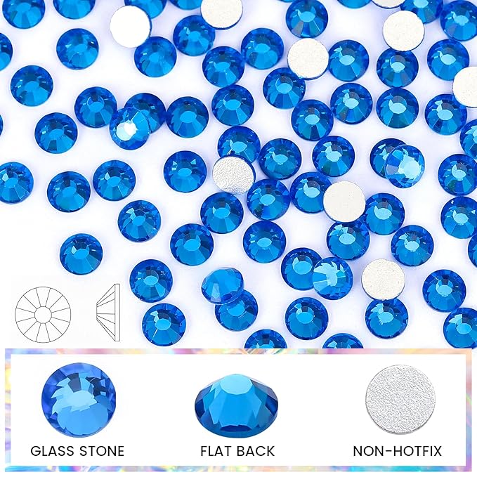 Capri Blue Rhinestones Flat Back Rhinestone for Crafts Glass Nail Rhinestones Gems Crystals for Makeup Bags Shoes Decoration DIY(SS16,1440pcs,Capri Blue)