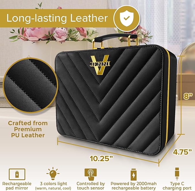 JENNI V Upscale PU Leather Makeup Bag with Light Up Mirror, 3 Brightness Settings, Adjustable Dividers - Replace Your Bulky Vanity While On the Go - Chic Travel Makeup Case Box - Makeup Organizer Bag
