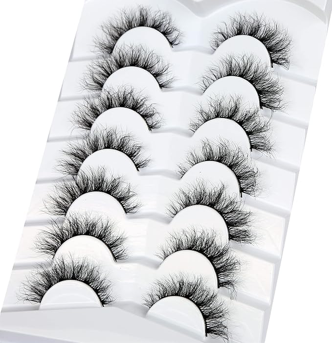 Pooplunch False Eyelashes Cat Eye Look Lightweight Natural Wispy 8D Volume Faux Mink Lashes Short Curly Fake Eyelash Strips 7 Pairs Pack