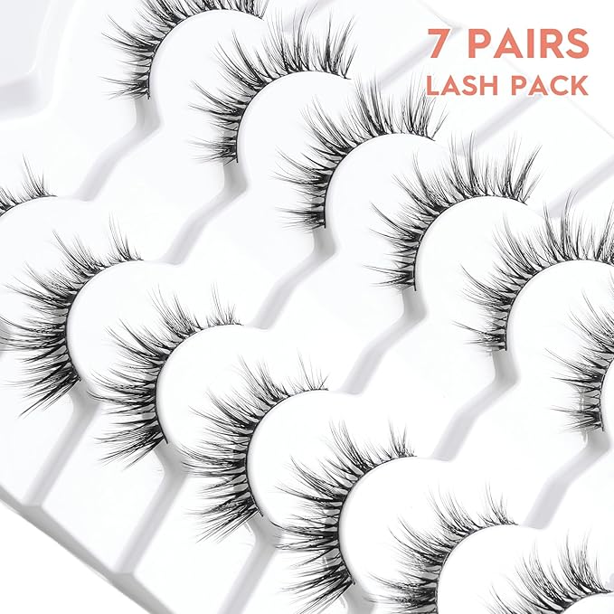 Manga Lashes - Wispy Anime Eyelashes, Natural Look, 3D Volume, 14mm, Thin Band, C Curl, 7 Pair Pack