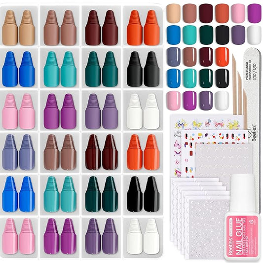 Beetles Press on Nails Kit 576Pcs 24 Colors, Short Square Press on Nails Glossy Matte With Nail Glue & Nail Tabs Stickers, Natural Fit Lightweight Fake Nails Kit Art For Women