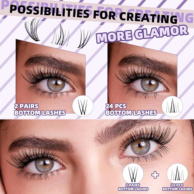 B&Qaugen Eyelash Extension Kit with Bottom Lash Extension 10-18mm 30D D Curl Lash Clusters Kit with Bottom Lashes DIY Lash Extension Kit Bond and Seal Lash Applicator (Kit-30D-D-MIX10-18)