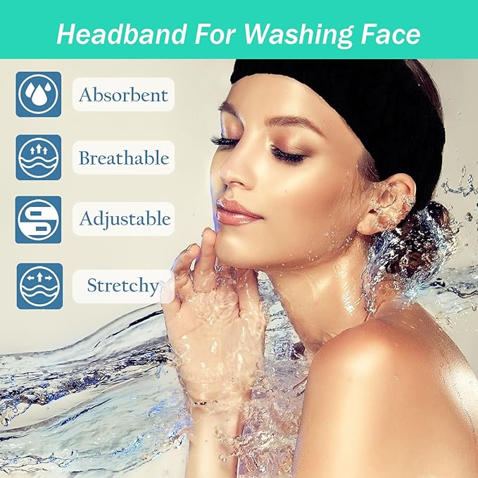 Pejnl Microfiber Spa Headband 3-Pack, Soft Terry Cloth Headband for Washing Face, Facial Mask, Makeup, Shower, Yoga, Gift for Women and Teens (Black x3)