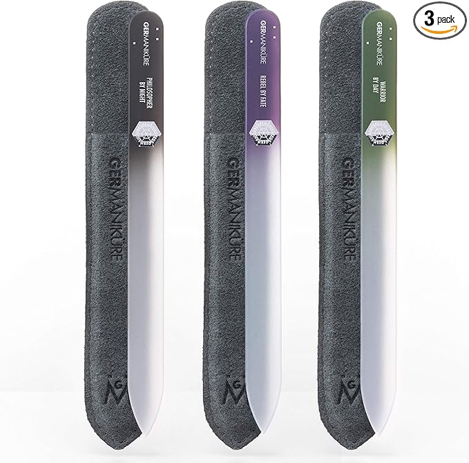 GERMANIKURE Czech Crystal Glass Nail File 3 Pack in Suede Sleeves - Professional Manicure & Pedicure Products for Smooth Easy Shaping of Natural Nails - Ideal Nail Care Gift