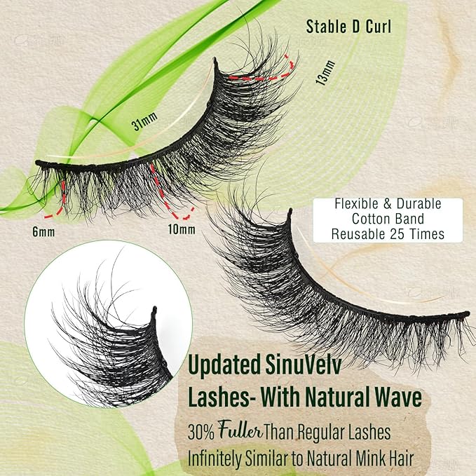 SinuVelve Strip Fake Lashes Pack 7 Pairs Natural Look Flexible Cotton Band Wispy Mink Lashes Wispy False Eyelashes13mm Natural Look D Curl Soft Lash Strips,Cat Eye Lashes Reusable 25 Times By Hiklasy
