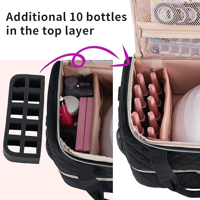 VOFIpremiAm Nail Polish Organizer Case Fits Nail Lamp and 50 Bottles,Nail Organizers and Storage for Nail Tech Travel,Pretty Nail Polish Storage Bag Fits Nail Kit & Manicure Tools (Patented)-Black