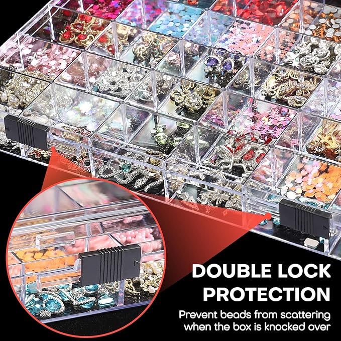Noverlife 36 Grids Clear Plastic Jewelry Organizer Box, Nail Charm Holder Double Buckle Bead Organizer Storage Container Box, Empty Nail Box Organizer Earring Display Case Acrylic Bead Box for Women