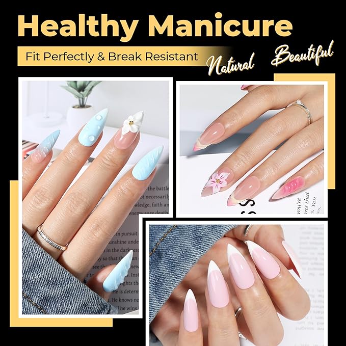 UNA GELLA Medium Stiletto Gel Nail Tips 600Pcs, Medium Stiletto Press on Nails Almond Shape Pre Etched Full Cover Soft Gel Nails Tips for Nail Extensions DIY Art Salon 12 Sizes at Home