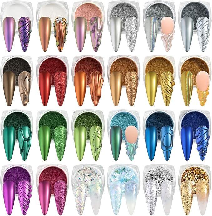 SUTOKAKA 24 Colors Chrome Nail Powder Set Holographic Iridescent Mirror Effect Metallic Nail Powder Unicorn Aurora Pearl Dust Nail Pigment for Gel Nails DIY Nail Decorations