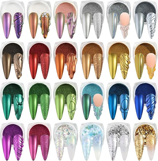SUTOKAKA 24 Colors Chrome Nail Powder Set Holographic Iridescent Mirror Effect Metallic Nail Powder Unicorn Aurora Pearl Dust Nail Pigment for Gel Nails DIY Nail Decorations