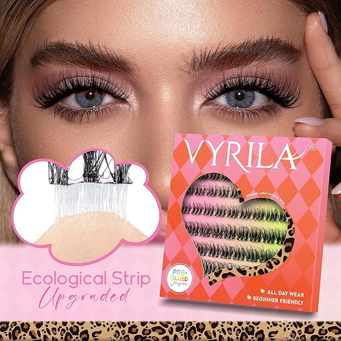 VYRILA Self Adhesive Lash Clusters Kit, D Curl Wispy Pre Glued Lash Extensions with Tweezers, Reusable 0.1mm Ultra Thin Band Natural Eyelashes, Easy Apply Eyelash Clusters for Beginners(PG-ZE12)