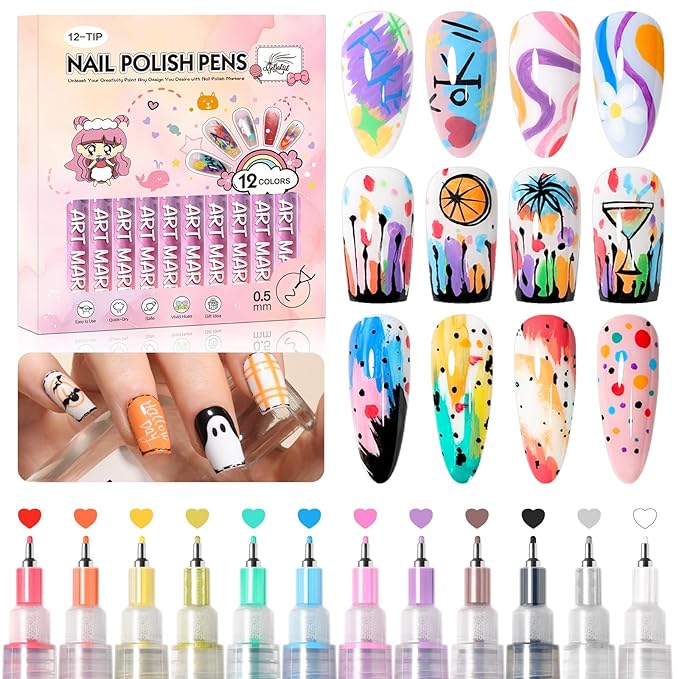 GELLAKTIK 12 Colors Nail Art Pens Set, 0.5mm Fine Tip Nail Art Markers Polish Pen for 3D Nail Art, Quick-Drying Acrylic Paint MarkerPen Drawing Painting Liner Brush for DIY Nail Art Manicure Tool