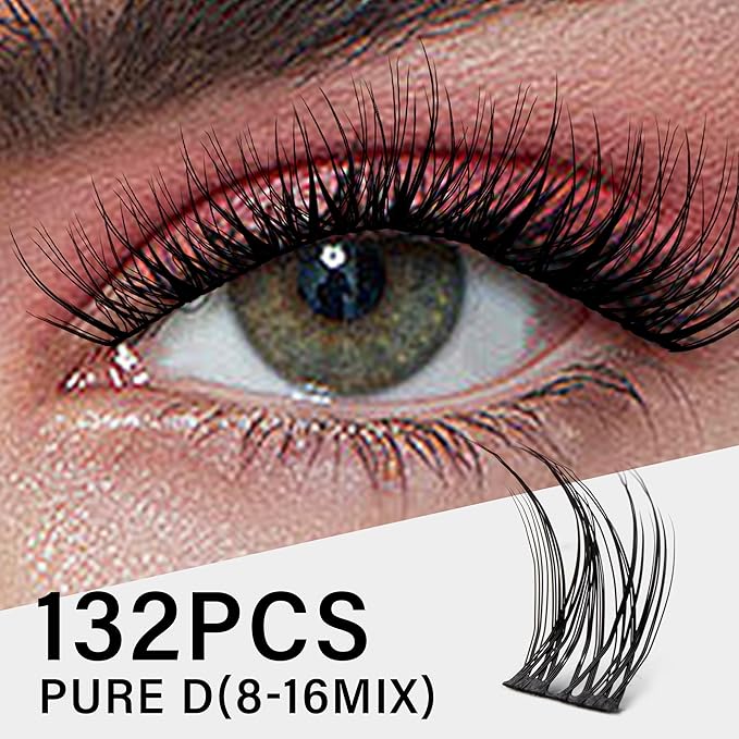 VYRILA Lash Clusters 8-16mm, False Eyelashes 132pcs, Cluster Eyelash Extensions Matte Black Soft, Diy Lash Extensions D Curl Natural Lash Clusters Faux Mink Lashes Wispy（Pure,132pcs,0.07,D,8-16MIX)