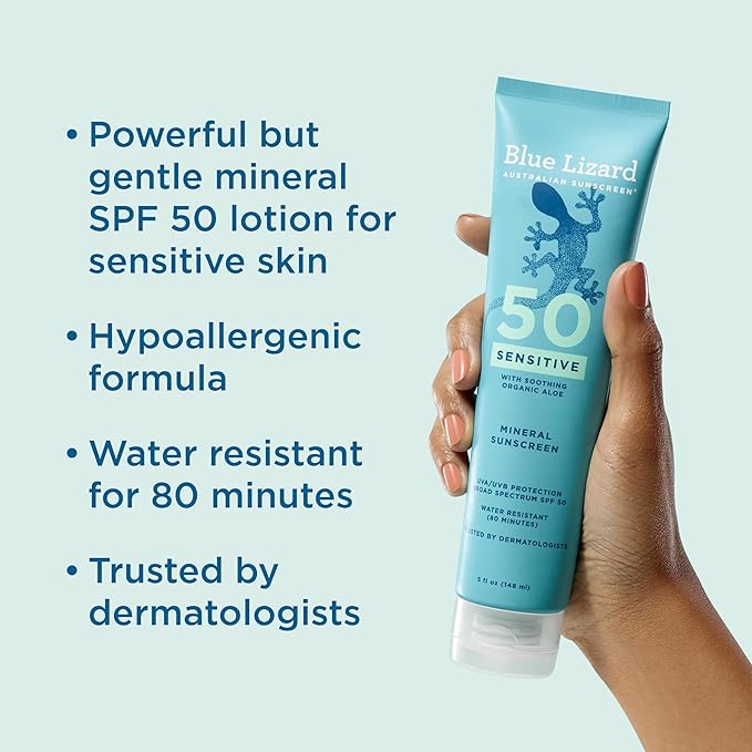 Blue Lizard Sensitive Mineral SPF 50 Sunscreen Lotion, 100% Mineral Sunscreen, UVA/UVB Protection, Infused with organic Aloe Vera, Soothes and Hydrates, 5 fl oz | with Zinc Oxide, 50+, Water Resistant, UVAUVB Protection, Sensitve