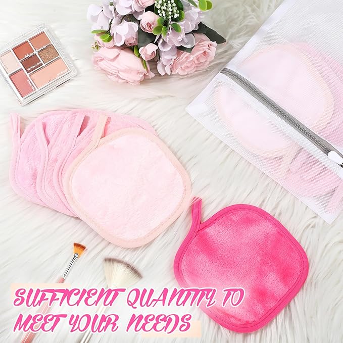 VitalCozy 10 Pack Makeup Remover Cloths, Makeup Remover Towels Reusable Face Cloth Eraser for Washing Face Microfiber Washcloth for Women Cleansing Just Water with Mesh Bag(Pink Colors)