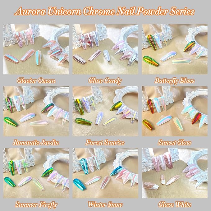 FNNZ Unicorn Chrome Nail Powder, Aurora Unichrome Mermaid Aurora Nail Powder Pigment Pearlescent Nail Art Glitter Decoration for Home DIY Nail Salon Manicure - Summer Firefly