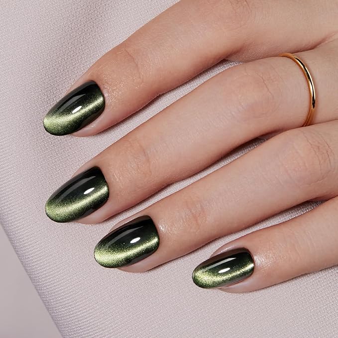 VSALON Press on Nails Short Oval - Dark Green Cat Eye Holographic Glitter Fake Nails Valentines Gifts for Woman, Reusable Opaque Gel Glue on Nails with Glue & Cuticle Oil - 32 PCS Stick on Nails in 16