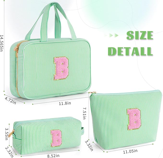 3 Travel Toiletry Makeup Bags for Women - Cute Makeup Bag Organizer Make Up Bag Travel Essentials Personalized Gifts Friend Gifts for Teenager Bridesmaids - Green B