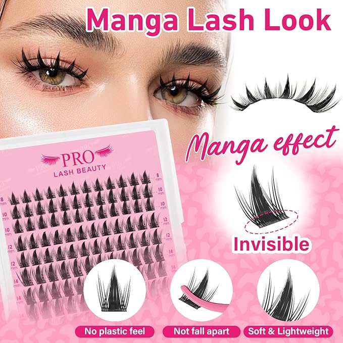 PROLASHBEAUTY Fairy Lash Clusters Kit Wispy Invisible Band Manga Lashes Individual Lashes Bond and Seal Remover Brush Eyelash Extension Kit Easy Removal (Mega Fairy, 8-18mix)
