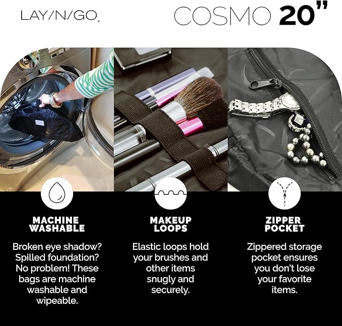 Lay-n-Go Cosmo Lay Flat Drawstring Cosmetic & Makeup Bag Organizer - Zipper Pocket, Brush Loops & More - Durable, Machine Washable Toiletry Carrier for Travel, Cinch Closure, Gift (20", Evergreen)