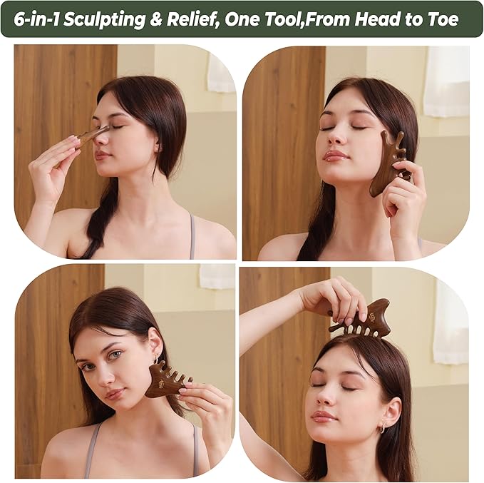 4-in-1 Wooden Gua Sha Tool Set – Facial, Body & Scalp Manual Guasha Massage Tool for Tension Relief, Includes Portable Mini Wooden Comb,Valentine’s Day Gift-Ready Box