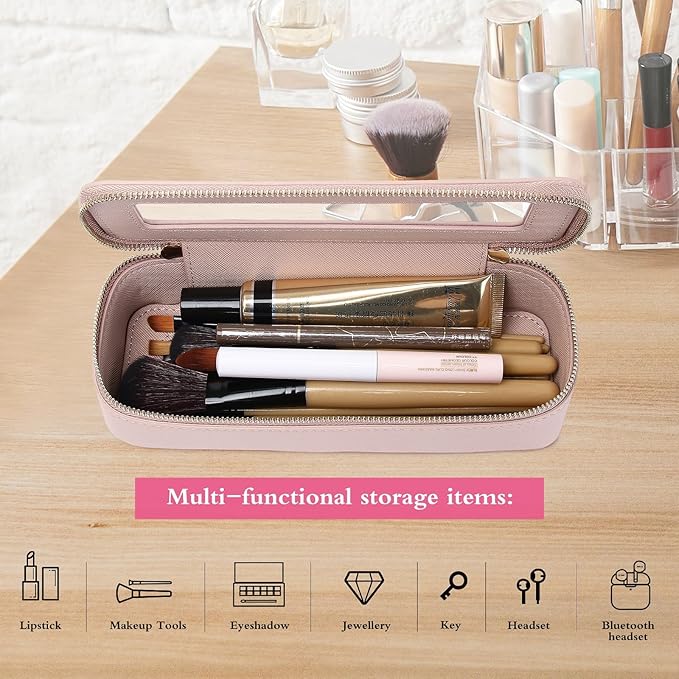 Pinkmik Makeup Brush Bag Slim Clear Makeup Bag Transparent Travel Cosmetic Case & Toiletry Bag with Zipper Small Beatuy Makeup Bag Purse Organizer for Women (Pink, SLIM)