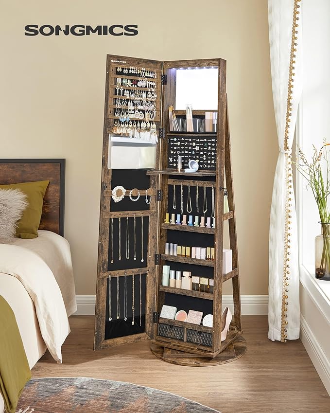 SONGMICS 6 LEDs Lockable Mirror Jewelry Cabinet, 360° Swivel Jewelry Organizer Armoire Standing, Frameless Full-Length Mirror, 3 Storage Shelves, Rustic Brown Surface, Black Lining UJJC007X01