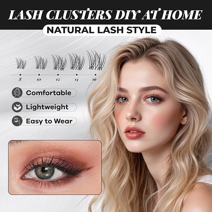 MissAiry Velure Lash Clusters Eyelash Extensions Natural Lashes Short Lash Clusters 8-14MM Eyelash Clusters Natural with Invisible Band Venus D Curly Lashes Diy at Home(Velure 8-14MM)