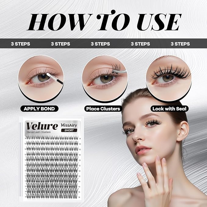 MissAiry Velure Lash Clusters Eyelash Extensions Natural Lashes Short Lash Clusters 8-14MM Eyelash Clusters Natural with Invisible Band Venus D Curly Lashes Diy at Home(Velure 8-14MM)