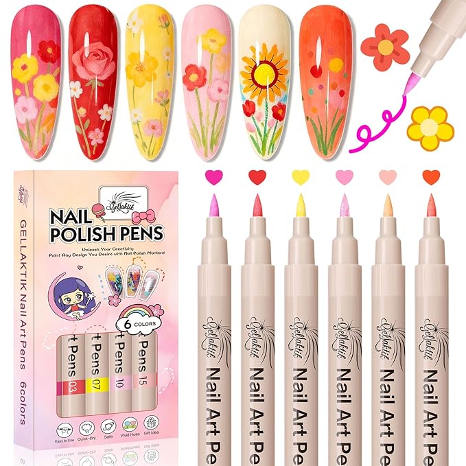 GELLAKTIK 6 Colors Nail Art Pens Set, 3D Nail Polish Pens Quick-Drying Acrylic Paint Markers, Dotting Liner Brush for DIY Nail Design, Home & Salon Manicure Tools