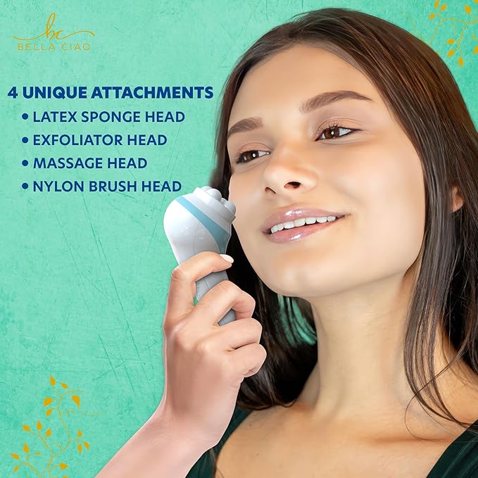 Bella Ciao 5-Piece Facial Cleansing Brush Set, Exfoliating, Massaging, and Cleansing Kit, Includes Cordless Tool, Exfoliator Head, Face Massager, Latex Sponge, and Nylon Brush, Batteries Not Included