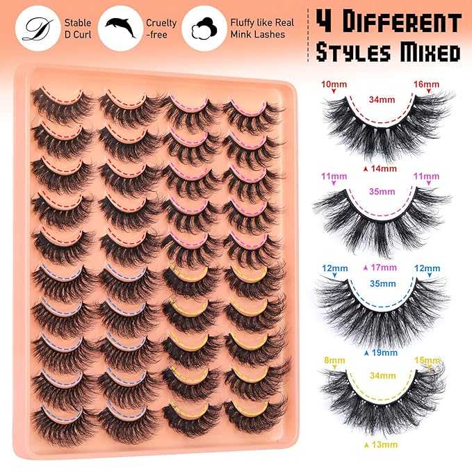 Yawamica Fluffy False Eyelashes Wispy Mink Lashes Pack 4 Styles Full Volume Mink Eyelashes Strip Fake Lashes 20 Pairs