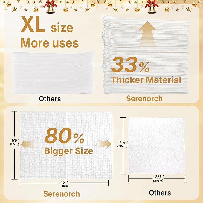Serenorch Disposable Face Towels for Christmas, 10" x 12" Christmas Gifts for Sensitive Skin, Extra Soft Makeup Remover Dry Wipes, 50 Count