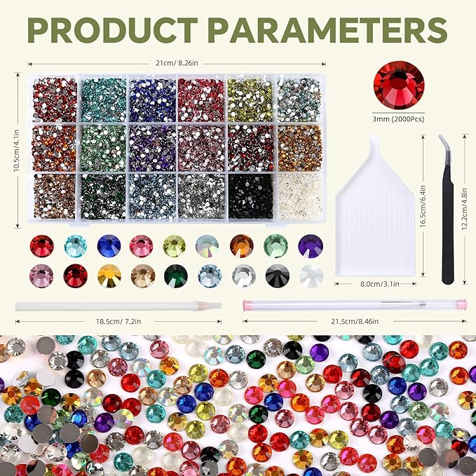 36000Pcs 3mm Mixed Color Flatback Rhinestones Kit for Nail Crafts DIY Decoration Non-hotfix Resin Round Shape Crystal