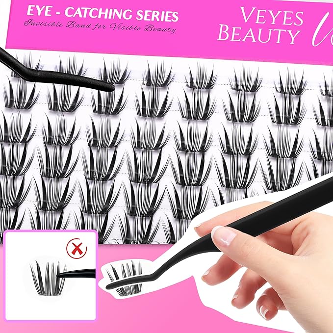 VEYESBEAUTY Lash Clusters Individual Eyelash Extensions Thin & Invisible Band DIY False Eyelashes for Self-application Eye-Catching Series Wispy Lash Tray, Crown 8-18mm Mixed Length