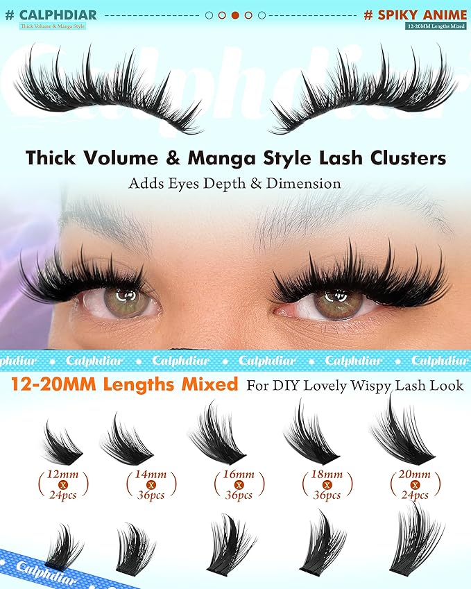 Lash Extension Kit 200D Manga Lash Clusters with Spikes 12-20MM Cluster Eyelash Extensions DIY Lash Extension Kit Thick Anime Eyelash Clusters Wispy Lash Clusters Kit with Lash Bond and Seal Tweezers