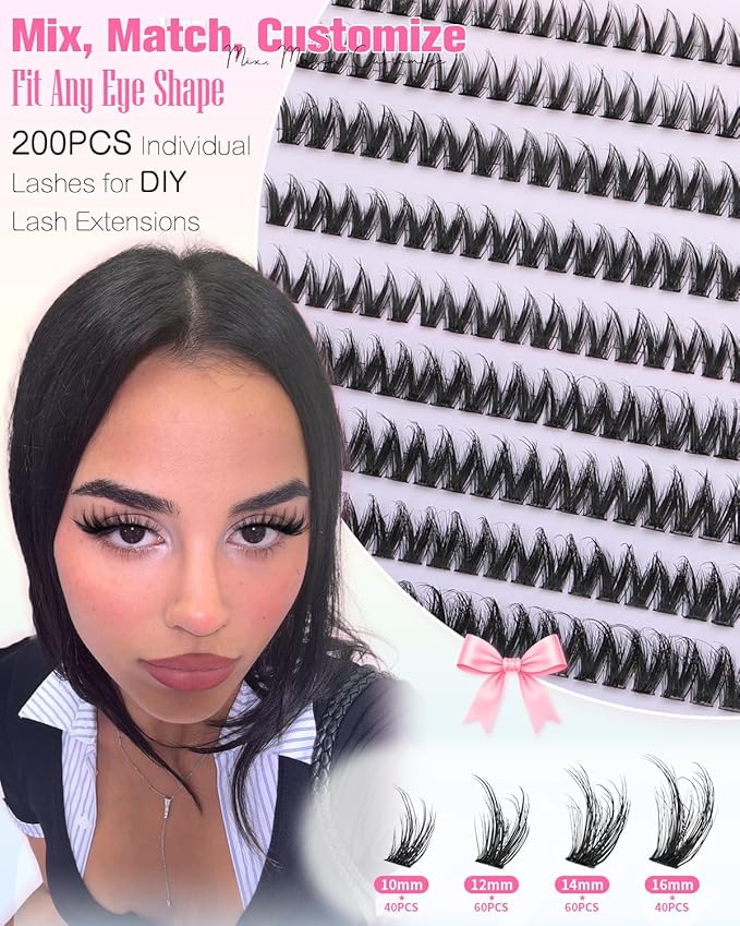 Wtvane Wispy Lash Clusters Fluffy Eyelash Cluster Natural 10-16MM Clusters Eyelash Extensions 200Pcs Fairy Lashes Clusters CD Curl Individual Lashes Cluster with Thin Band Natural Fluffy Look