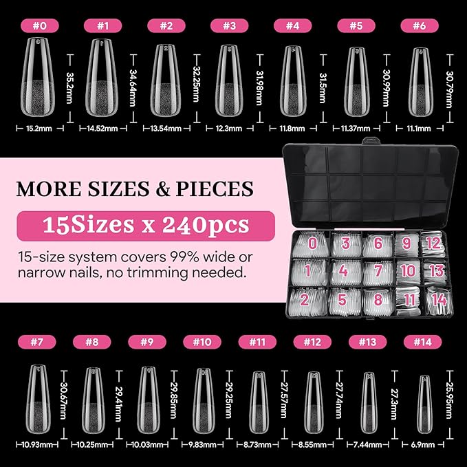 Qiek Long Coffin Pre-Building Nail Tips, 15 Sizes 240 PCS Pre-shaped Apex Clear Soft Press On Fake Nail Half Matte Gel Nail Extensions Strong Thick Acrylic Tip for DIY Beginners & Salon Manicure