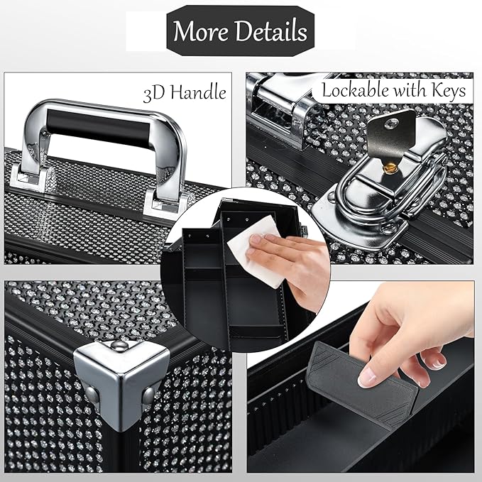 Joligrace Makeup Train Case Professional Cosmetic Organizer Aluminum Storage Box with 4 Adjustable Dividers Trays Lockable Portable with Shoulder Strap