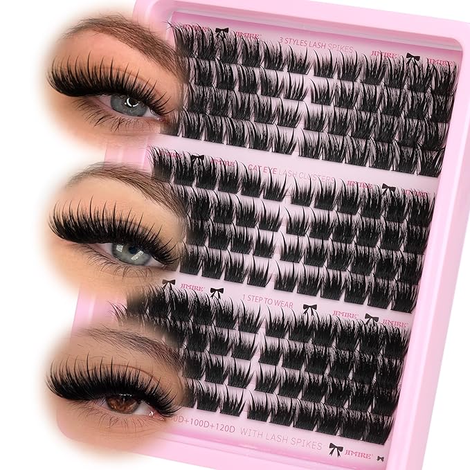 JIMIRE Wispy Lash Clusters with Spikes Cat Eye Cluster Eyelash Extensions 8-18MM C Curly Fuffy Eyelash Clusters 3 Styles Mixed Natural Spiky Cluster Lashes Easy to Apply DIY Lash Extension at Home