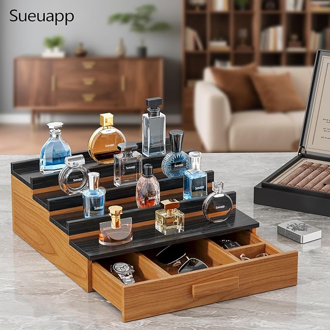 Solid Walnut Cologne Organizer for Men,4 Tier Cologne Stand Display Shelf with Hidden Storage and Drawer,Perfume Stand Organizer,Perfume Holder Great Gift for Men Father