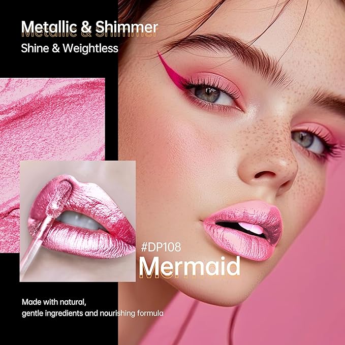 Depuplum Pink Lipsticks for Women Metallic Lipstick Long Lasting Non Stick Cup Lip Gloss, Shimmer Lightweight Hydrating Full Coverage Lip Color, DP108 Mermaid